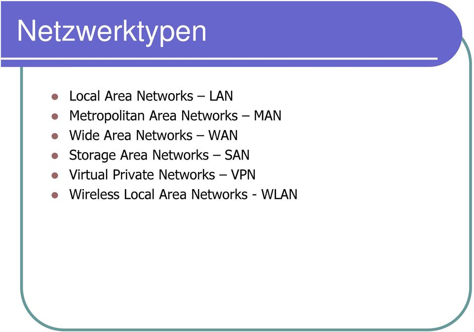Networks WAN Storage Area Networks SAN