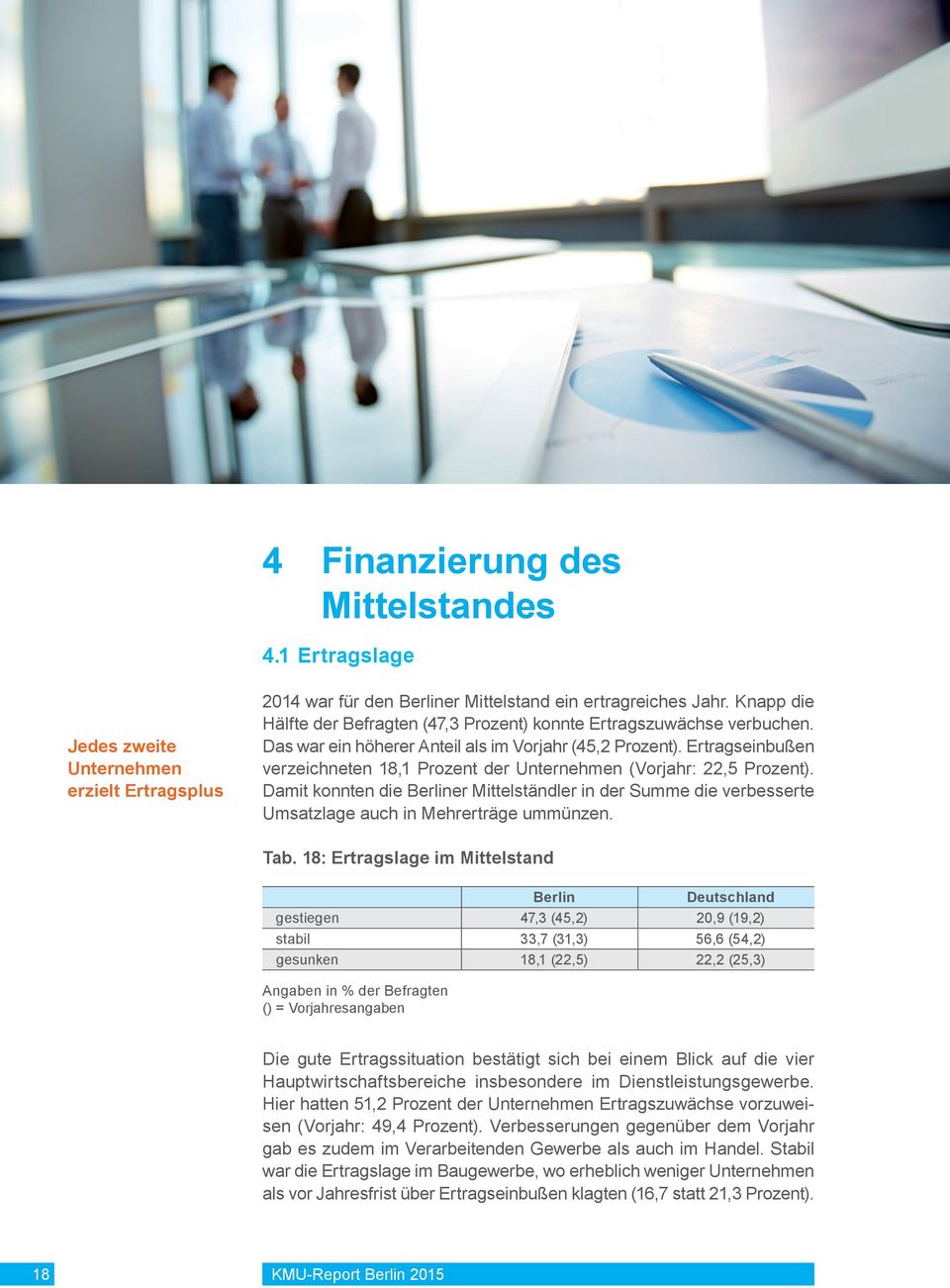Ertragseinbußen verzeichneten 18,1 Prozent der Unternehmen (Vorjahr: 22,5 Prozent). Damit konnten die Berliner Mittelständler in der Summe die verbesserte Umsatzlage auch in Mehrerträge ummünzen. Tab.