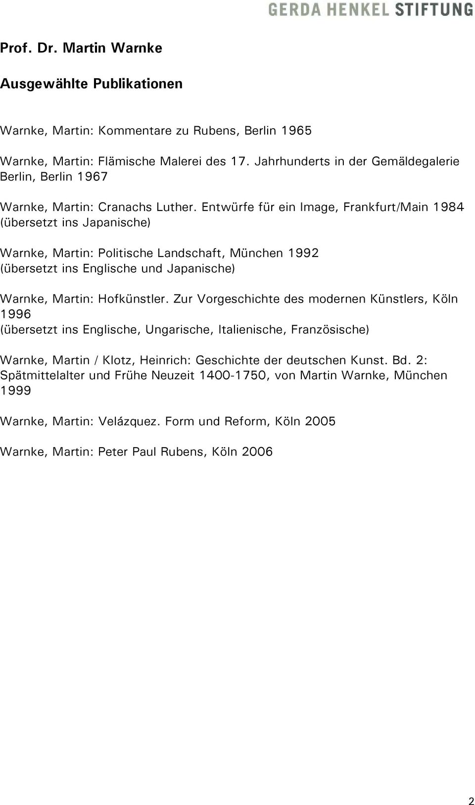 Entwürfe für ein Image, Frankfurt/Main 1984 (übersetzt ins Japanische) Warnke, Martin: Politische Landschaft, München 1992 (übersetzt ins Englische und Japanische) Warnke, Martin: Hofkünstler.