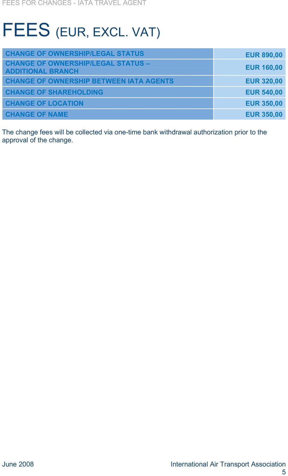 160,00 CHANGE OF OWNERSHIP BETWEEN IATA AGENTS EUR 320,00 CHANGE OF SHAREHOLDING EUR 540,00 CHANGE OF