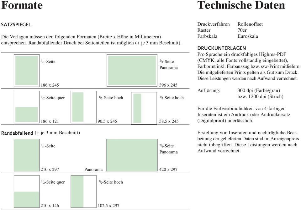 5 x 245 /-Seite 2 /-Seite Panorama Technische Daten Druckverfahren Rollenoffset Raster 70er Farbskala Euroskala DRUCKUNTERLAGEN Pro Sprache ein druckfähiges Highres-PDF (CMYK, alle Fonts vollständig