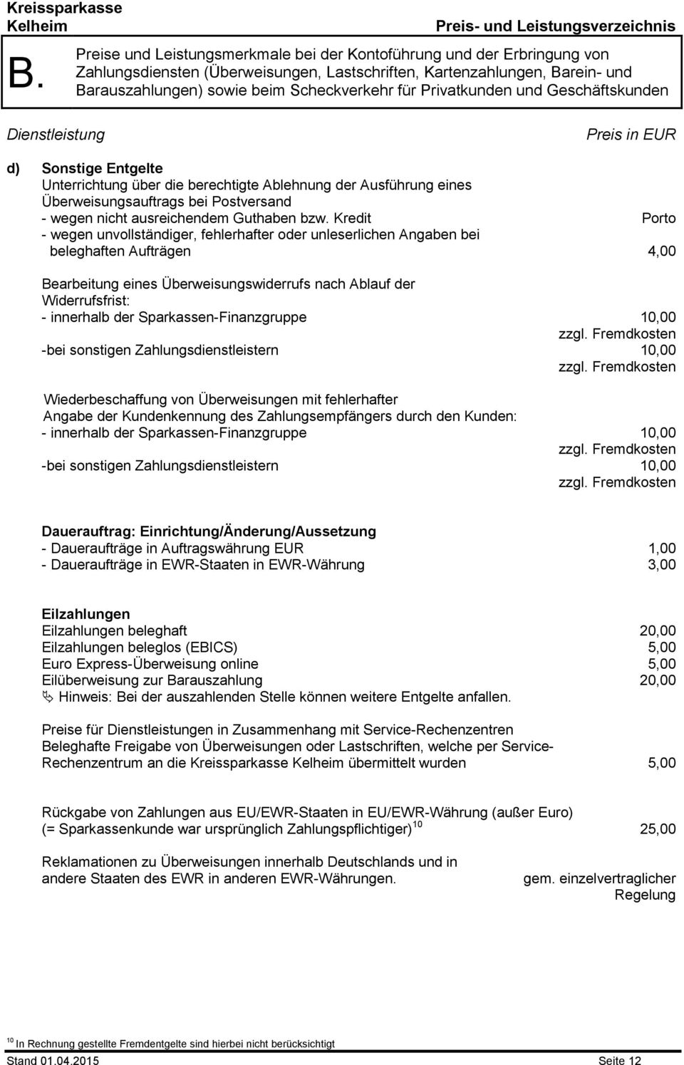 Sparkassen-Finanzgruppe 10,00 zzgl. Fremdkosten -bei sonstigen Zahlungsdienstleistern 10,00 zzgl.