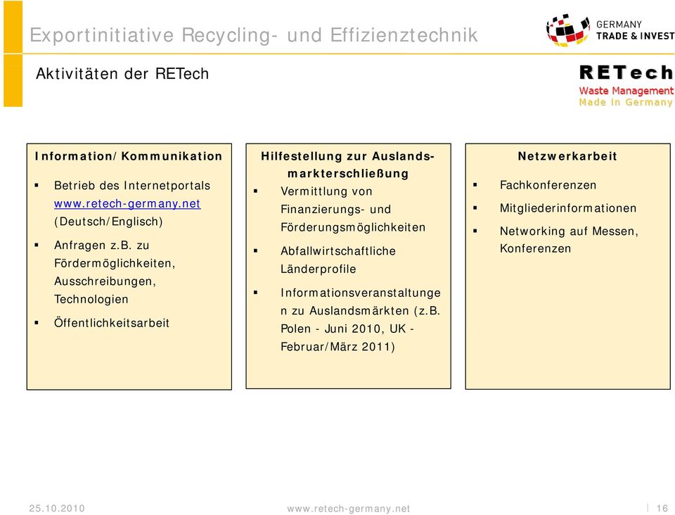 zu Fördermöglichkeiten, ö it Ausschreibungen, Technologien Öffentlichkeitsarbeit Hilfestellung zur Auslandsmarkterschließung Vermittlung von