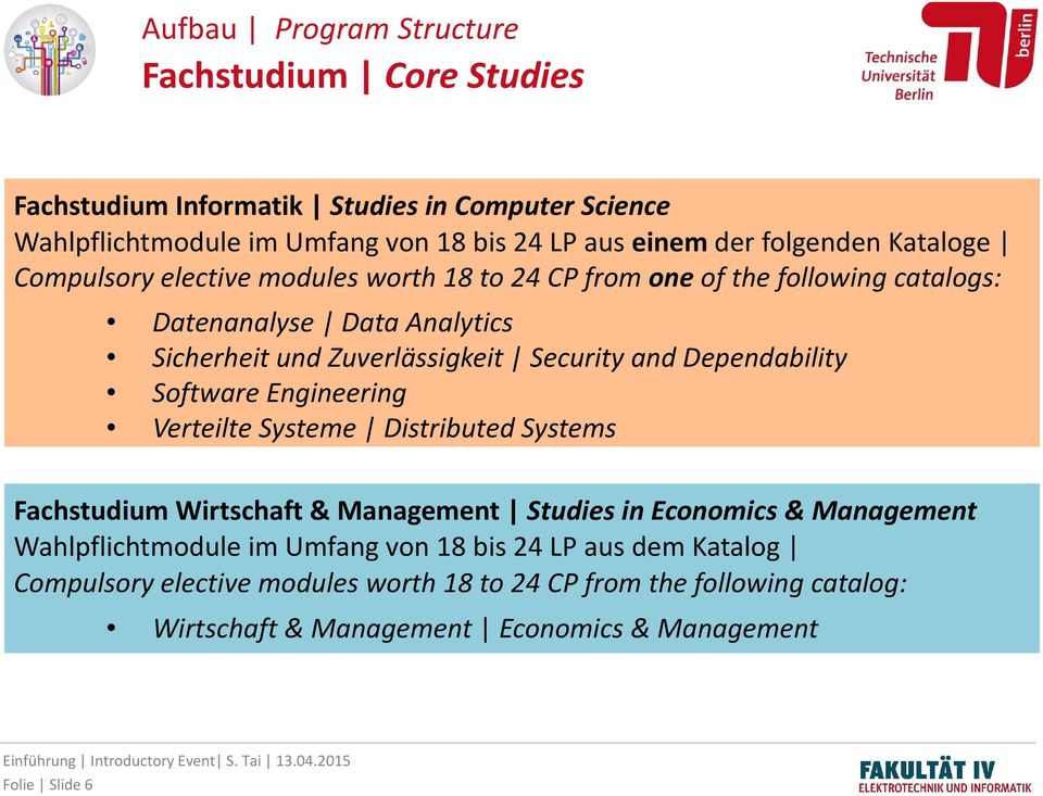 Engineering Verteilte Systeme Distributed Systems Fachstudium Wirtschaft & Management Studies in Economics & Management Wahlpflichtmodule im Umfang von 18 bis 24 LP aus dem