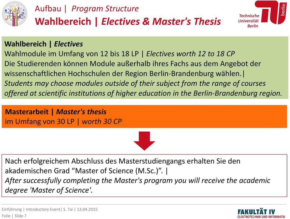 Students may choose modules outside of their subject from the range of courses offered at scientific institutions of higher education in the Berlin Brandenburg region.