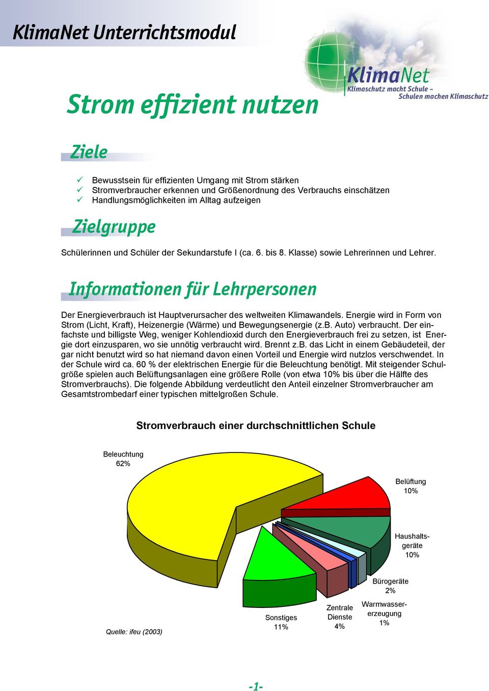 Informationen für Lehrpersonen Der Energieverbrauch ist Hauptverursacher des weltweiten Klimawandels. Energie wird in Form von Strom (Licht, Kraft), Heizenergie (Wärme) und Bewegungsenergie (z.b. Auto) verbraucht.