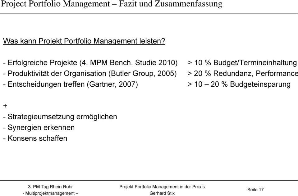 Studie 2010) > 10 % Budget/Termineinhaltung - Produktivität der Organisation (Butler Group, 2005) > 20 %