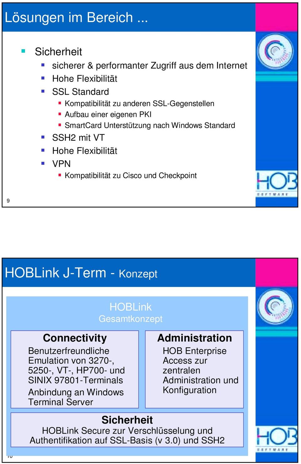 Kompatibilität zu Cisco und Checkpoint 9 HOBLink J-Term - Konzept HOBLink Gesamtkonzept Connectivity Benutzerfreundliche Emulation von 3270-, 5250-, VT-, HP700- und SINIX