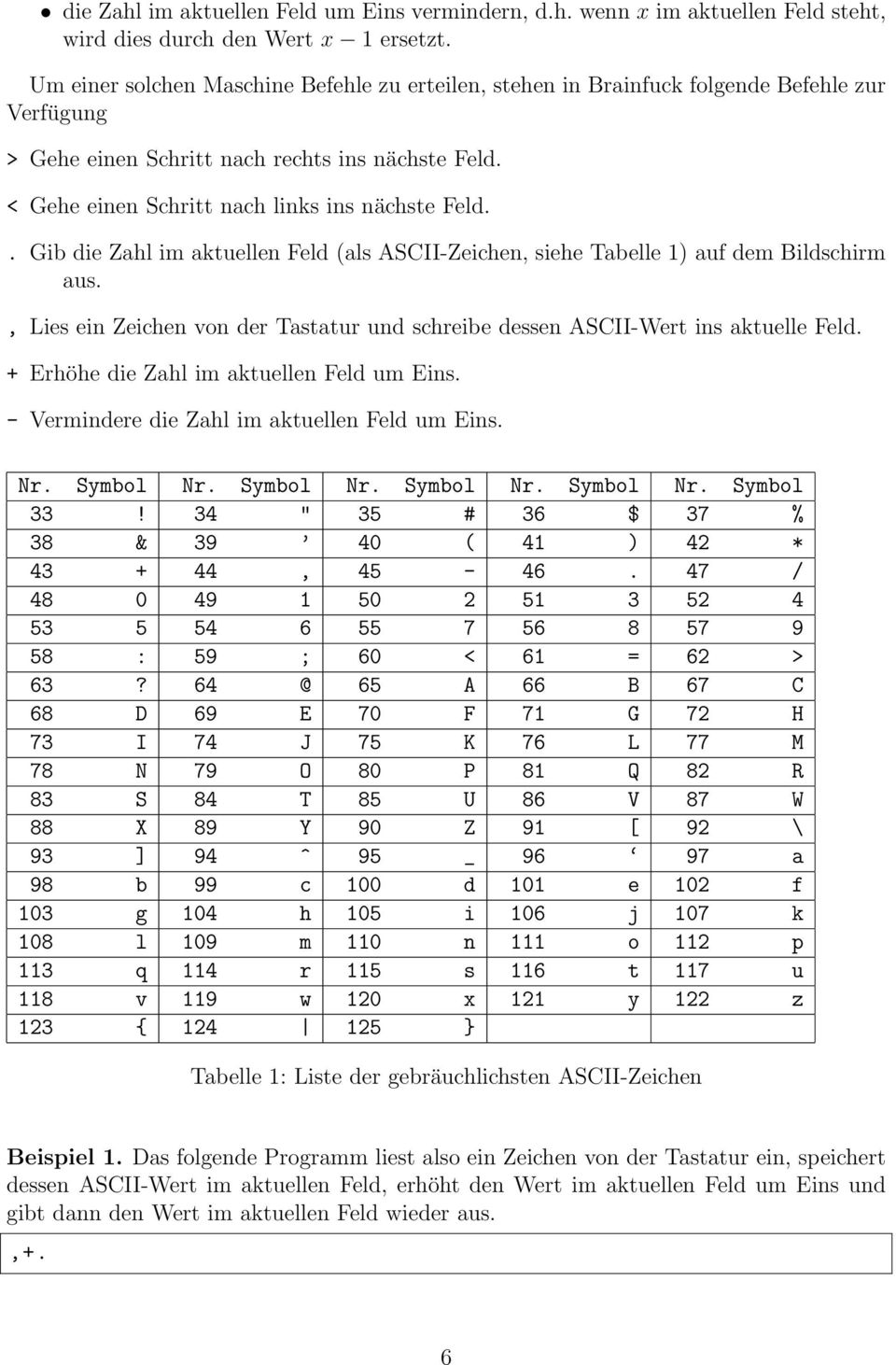 . Gib die Zahl im aktuellen Feld (als ASCII-Zeichen, siehe Tabelle 1) auf dem Bildschirm aus., Lies ein Zeichen von der Tastatur und schreibe dessen ASCII-Wert ins aktuelle Feld.