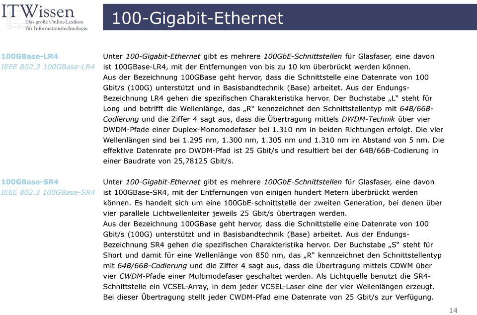 Aus der Bezeichnung 100GBase geht hervor, dass die Schnittstelle eine Datenrate von 100 Gbit/s (100G) unterstützt und in Basisbandtechnik (Base) arbeitet.