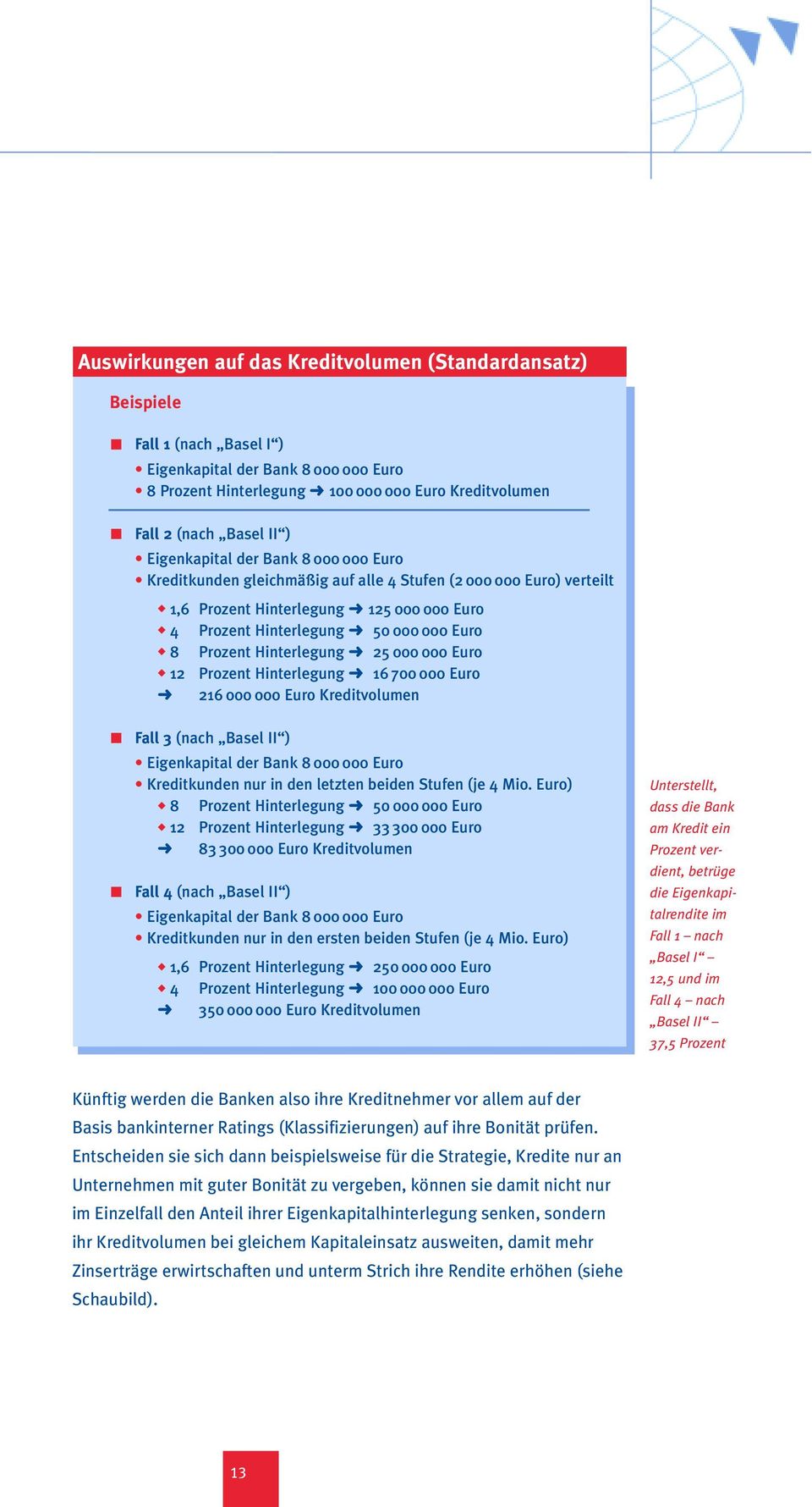 Hinterlegung 25 000 000 Euro 12 Prozent Hinterlegung 16 700 000 Euro 216 000 000 Euro Kreditvolumen Fall 3 (nach Basel II ) Eigenkapital der Bank 8 000 000 Euro Kreditkunden nur in den letzten beiden