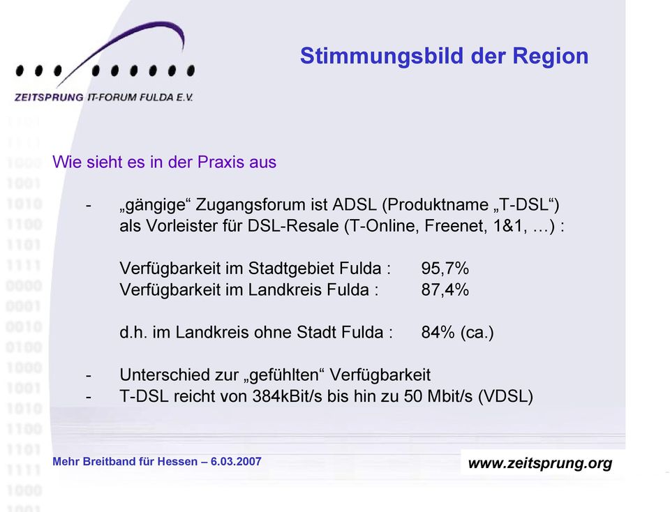 95,7% Verfügbarkeit im Landkreis Fulda : 87,4% d.h. im Landkreis ohne Stadt Fulda : 84% (ca.