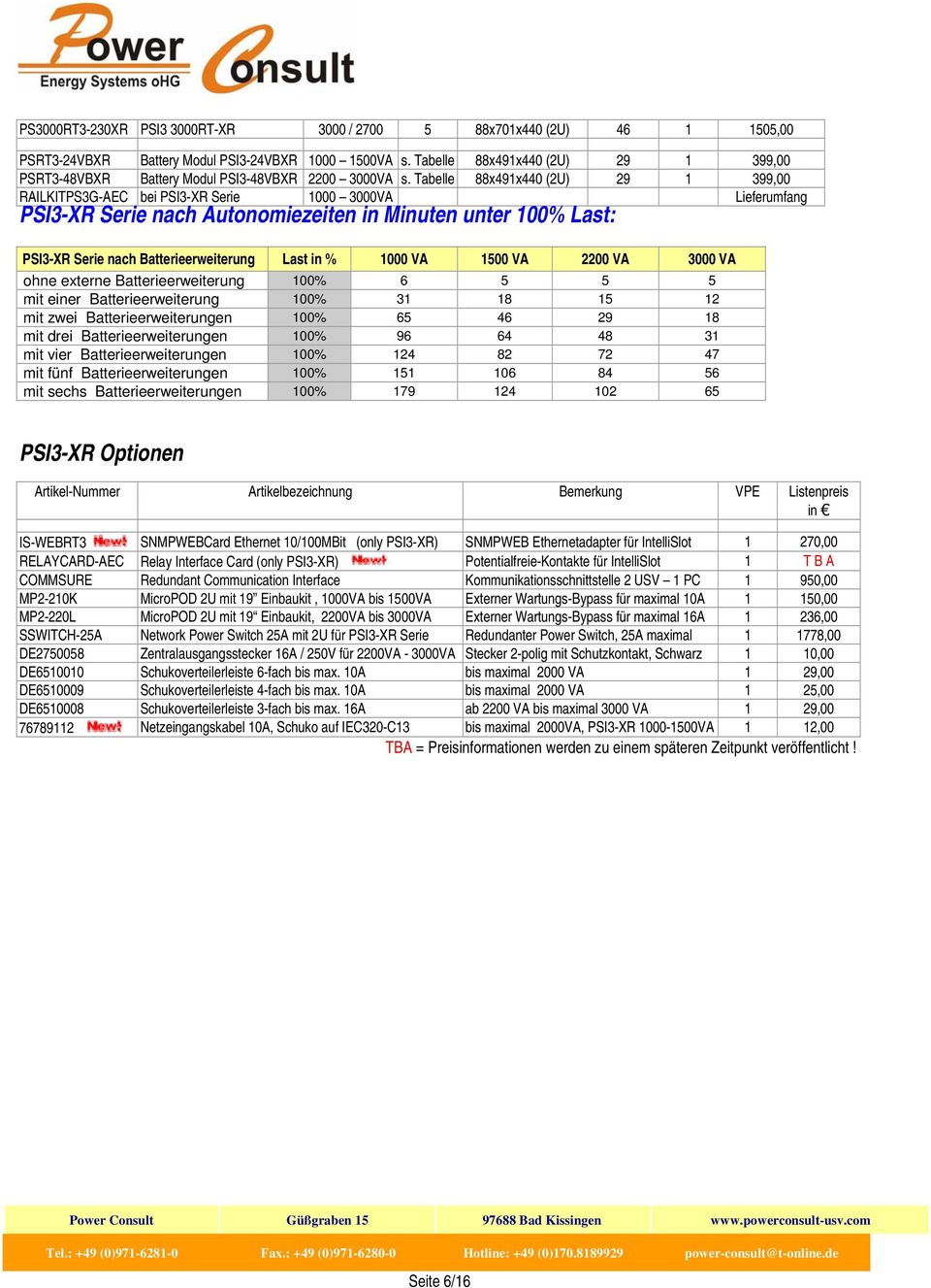 Tabelle 88x491x440 (2U) 29 1 399,00 RAILKITPS3G-AEC bei PSI3-XR Serie 1000 3000VA Lieferumfang PSI3-XR Serie nach Autonomiezeiten in Minuten unter 100% Last: PSI3-XR Serie nach Batterieerweiterung