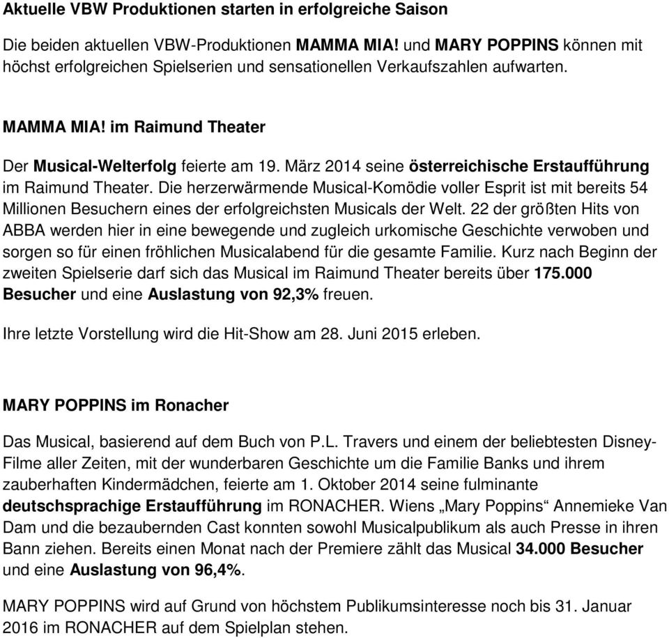 März 2014 seine österreichische Erstaufführung im Raimund Theater. Die herzerwärmende Musical-Komödie voller Esprit ist mit bereits 54 Millionen Besuchern eines der erfolgreichsten Musicals der Welt.