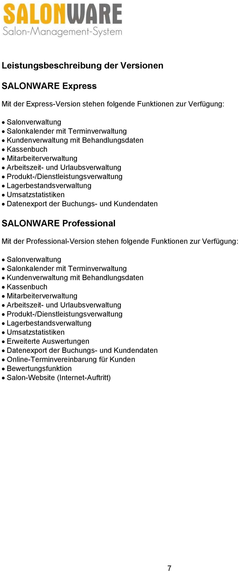 Kundendaten SALONWARE Professional Mit der Professional-Version stehen folgende Funktionen zur Verfügung: Salonverwaltung Salonkalender mit Terminverwaltung Kundenverwaltung mit Behandlungsdaten
