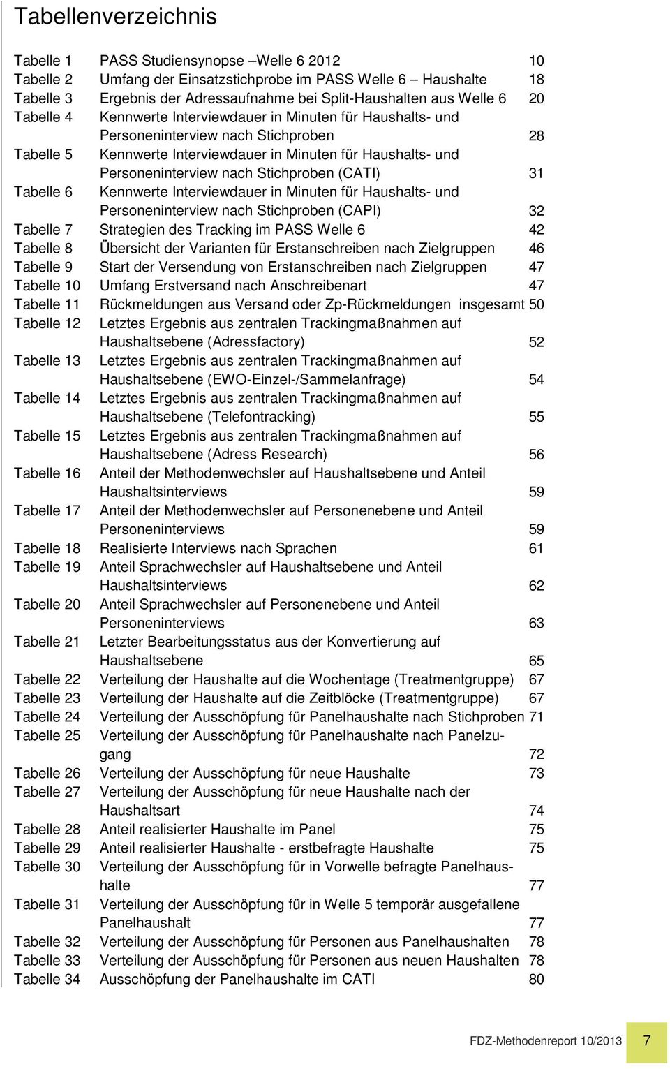 nach Stichproben (CATI) 31 Tabelle 6 Kennwerte Interviewdauer in Minuten für Haushalts- und Personeninterview nach Stichproben (CAPI) 32 Tabelle 7 Strategien des Tracking im PASS Welle 6 42 Tabelle 8