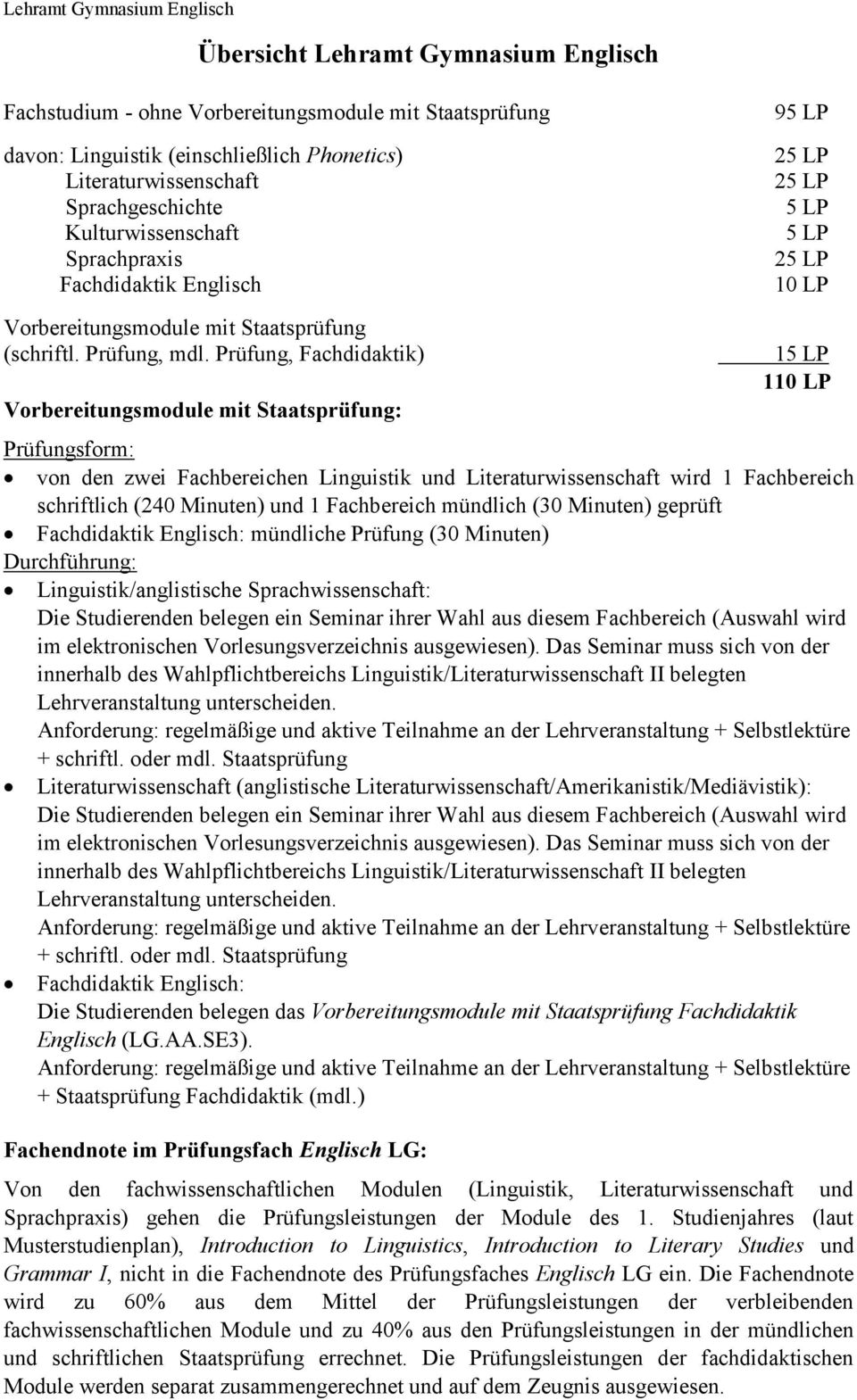 Prüfung, Fachdidaktik) Vorbereitungsmodule mit 1 1 Prüfungsform: von den zwei Fachbereichen Linguistik und wird 1 Fachbereich schriftlich (240 Minuten) und 1 Fachbereich mündlich (30 Minuten) geprüft