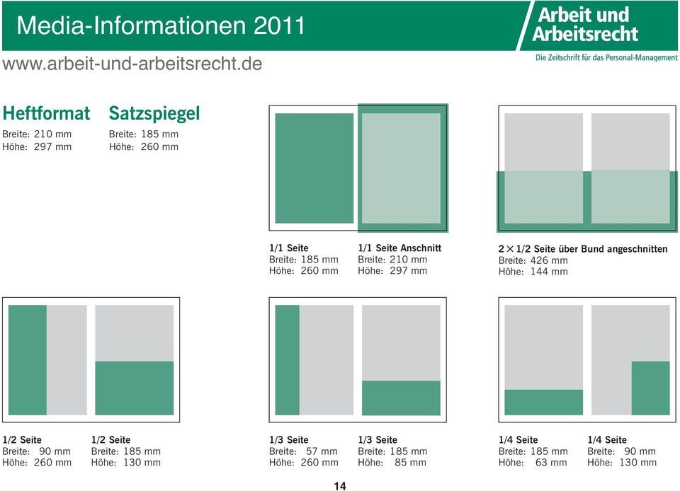 185 mm Breite: 210 mm Höhe: 260 mm Höhe: 297 mm 2 1/2 Seite über Bund angeschnitten Breite: 426 mm Höhe: 144 mm 1/2 Seite