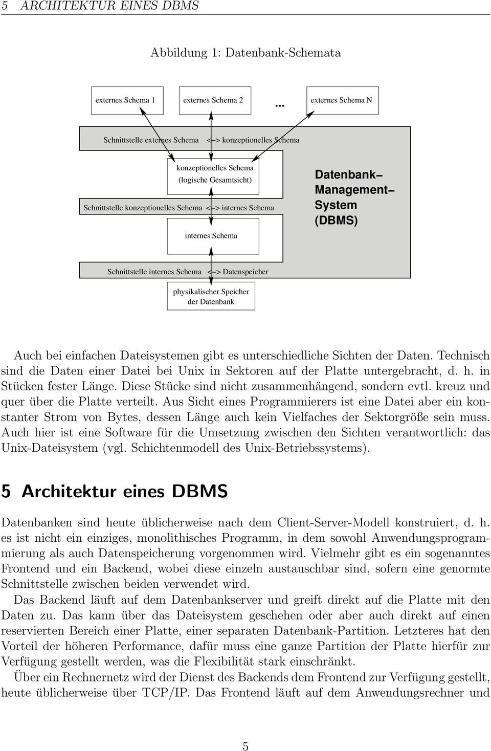 Datenbank Management System (DBMS) Schnittstelle internes Schema < > Datenspeicher physikalischer Speicher der Datenbank Auch bei einfachen Dateisystemen gibt es unterschiedliche Sichten der Daten.
