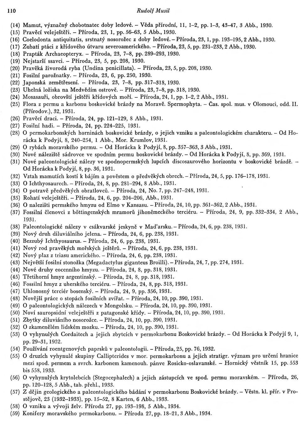 289-293, 1930. (19) Nejstarsf ssavci. - PHroda, 23, 5, pp. 208, 1930. (20} Praveka zivoroda ryba (Undina penicillata). - PHroda, 23, 5, pp. 208, 1930. (21) Fosilnf paroznatky. - PHroda, 23, 6, pp.