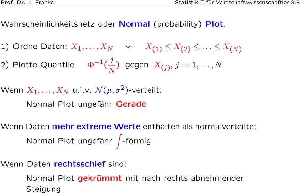 .. X (N) 2) Plotte Quantile Φ 1 ( j N ) gegen X (j), j = 1,..., N Wenn X 1,..., X N u.i.v.