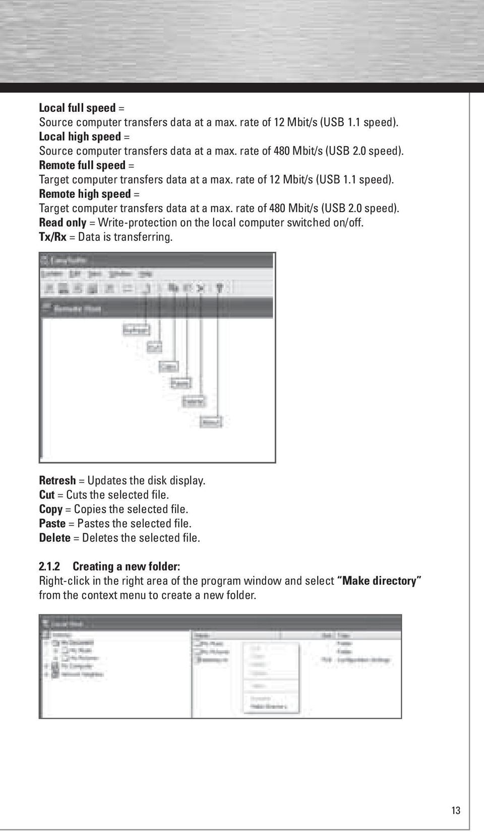 Read only = Write-protection on the local computer switched on/off. Tx/Rx = Data is transferring. Retresh = Updates the disk display. Cut = Cuts the selected file. Copy = Copies the selected file.