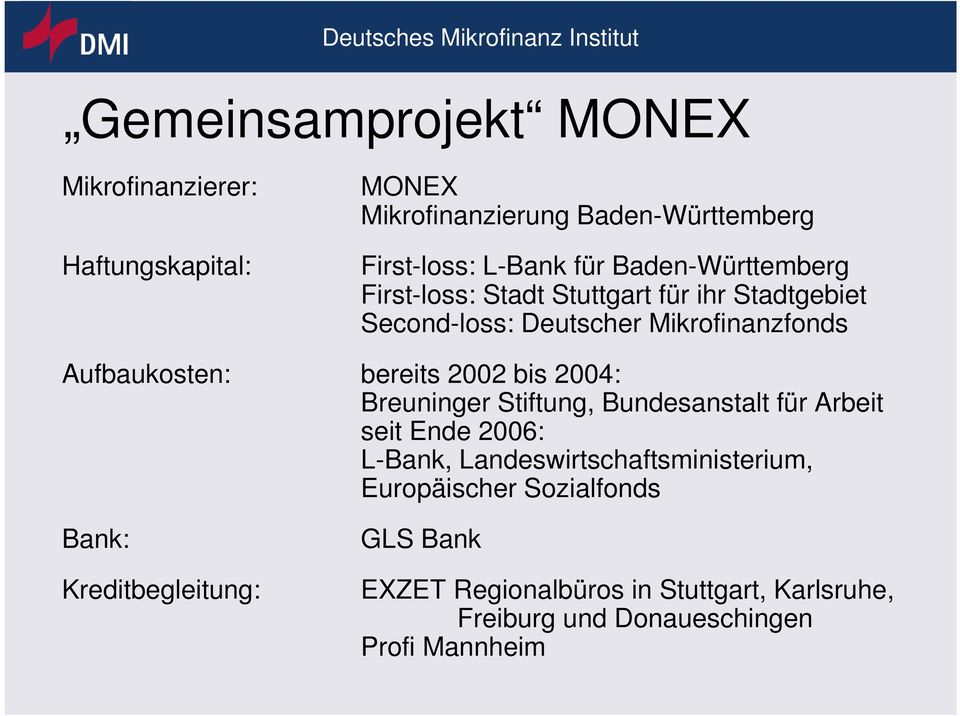 2002 bis 2004: Breuninger Stiftung, Bundesanstalt für Arbeit seit Ende 2006: L-Bank, Landeswirtschaftsministerium, Europäischer