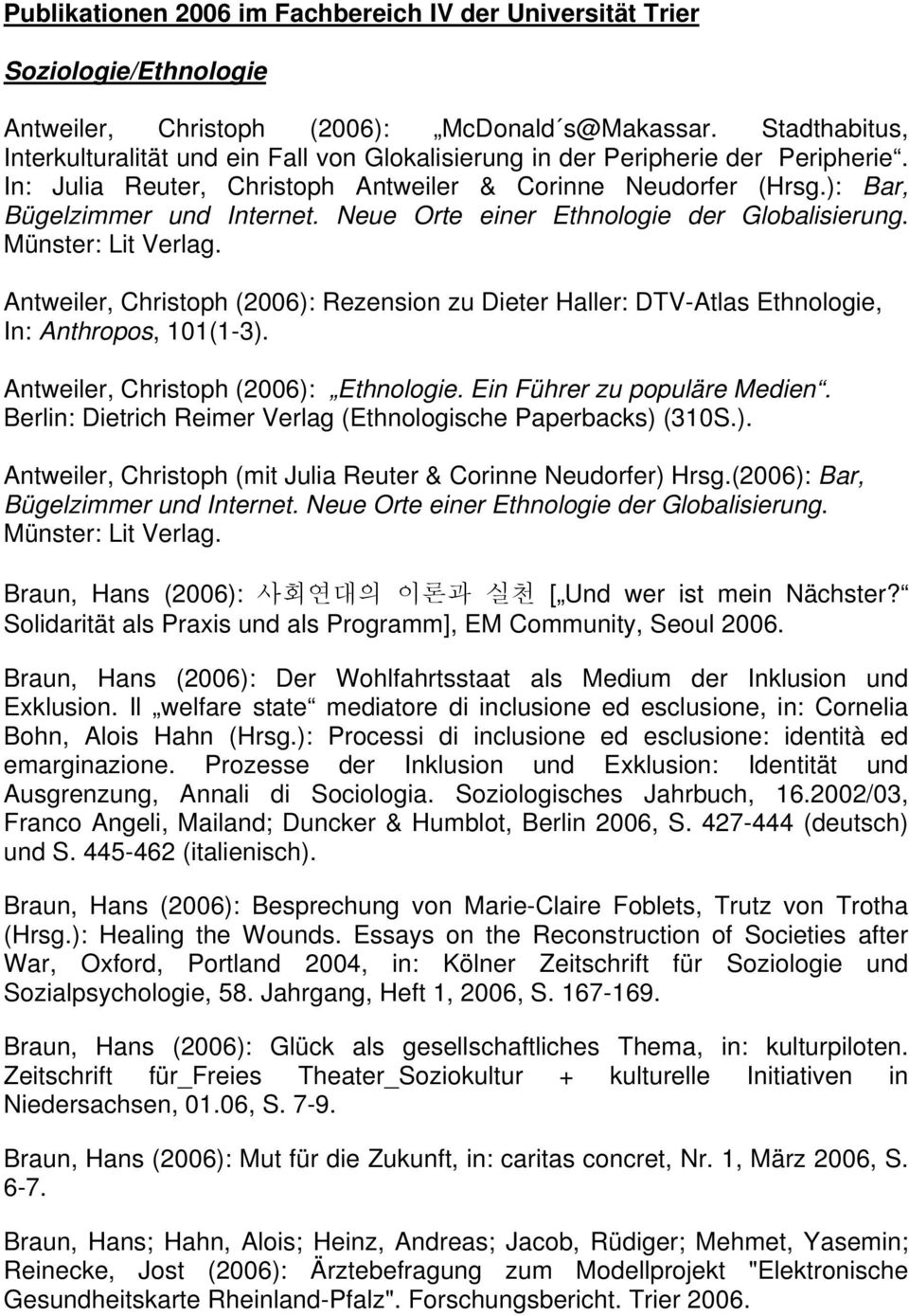 Neue Orte einer Ethnologie der Globalisierung. Münster: Lit Verlag. Antweiler, Christoph (2006): Rezension zu Dieter Haller: DTV-Atlas Ethnologie, In: Anthropos, 101(1-3).