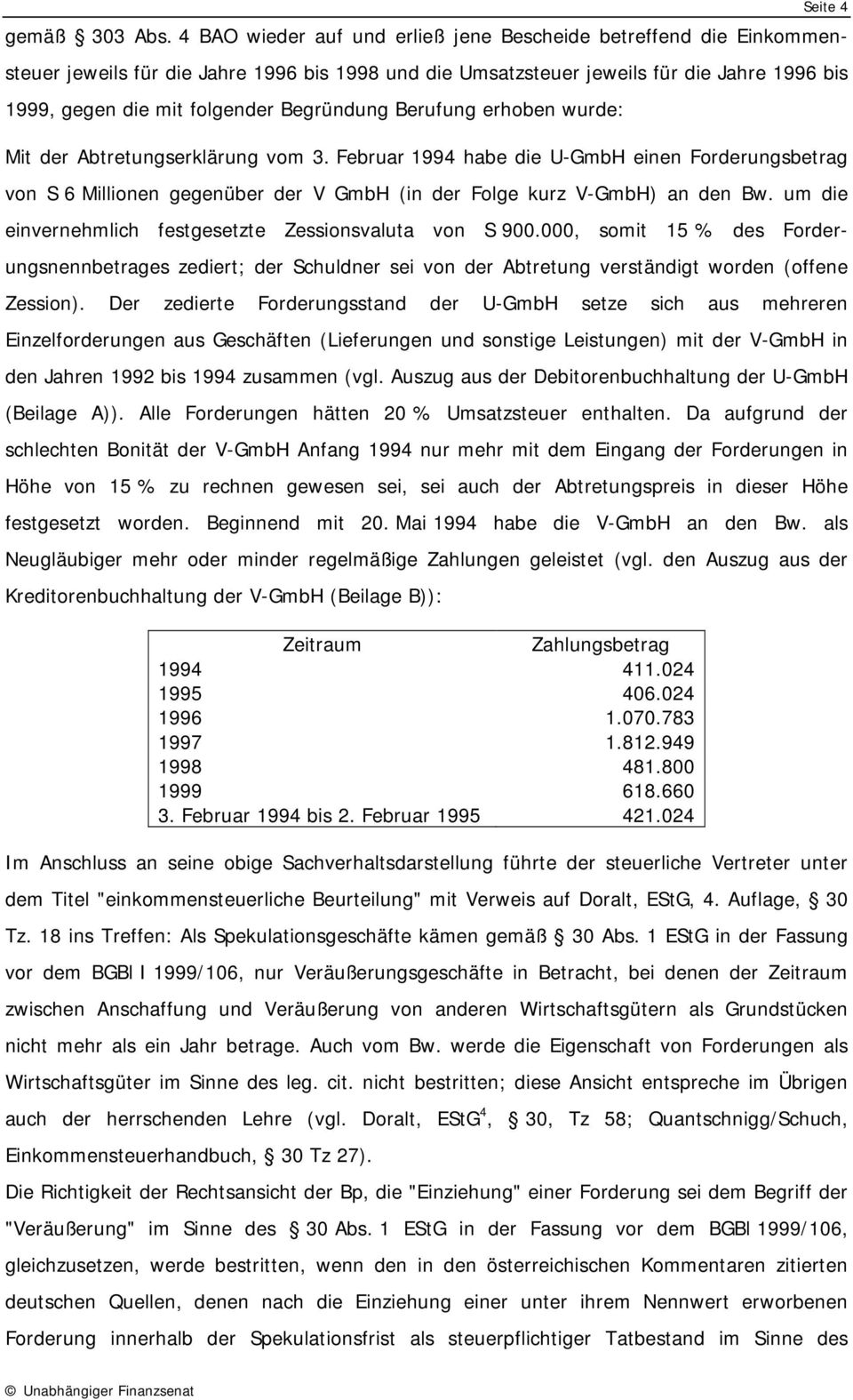 Begründung Berufung erhoben wurde: Mit der Abtretungserklärung vom 3. Februar 1994 habe die U-GmbH einen Forderungsbetrag von S 6 Millionen gegenüber der V GmbH (in der Folge kurz V-GmbH) an den Bw.
