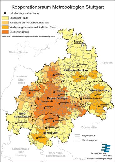 Metropolregion Stuttgart MKRO-Beschluss 1995 Ursprünglich Kongruenz mit verfasster Region Stuttgart (2,7 Mio. Einw.) 2002: LEP Baden-Württemberg mit unscharfen Außengrenzen (insb.