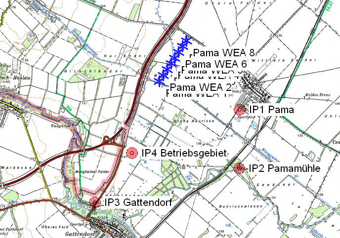 Projekt: Windpark Gattendorf Nord DECIBEL - Hauptergebnis Berechnung: WP Pama Beschreibung: Schallberechnungs-Modell: ISO 9613-2 Allgemein Windgeschwindigkeit: 4,0 m/s - 10,0 m/s, Schritt 1,0 m/s