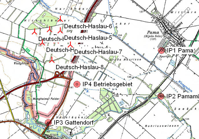 Projekt: Windpark Gattendorf Nord Beschreibung: DECIBEL - Hauptergebnis Berechnung: WP Deutsch-Haslau Schallberechnungs-Modell: ISO 9613-2 Allgemein Windgeschwindigkeit: 4,0 m/s - 10,0 m/s, Schritt