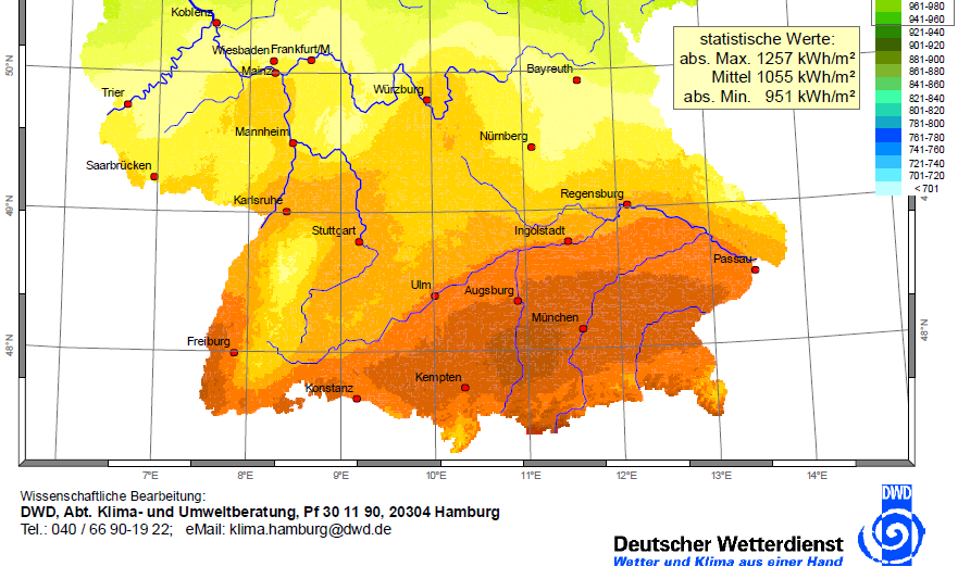 Abbildung 32: Horizontale jährliche Globalstrahlungssumme in Deutschland,