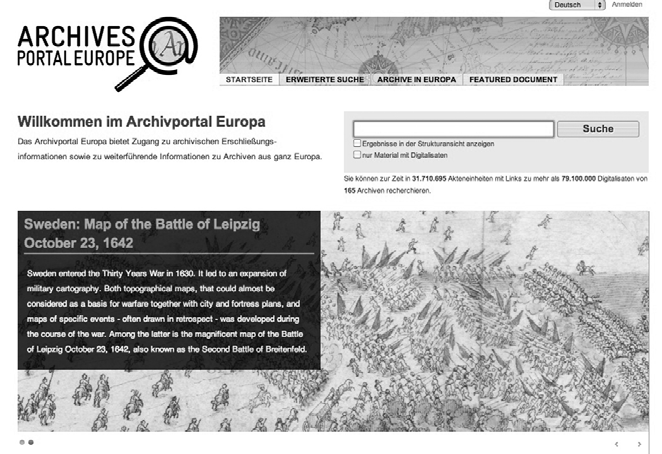 435 Die Startseite des Archivportals Europa (Oktober 2013) auch solche im MARC-Format sowie HTML-Seiten und PDF- Dokumente befinden. 1.