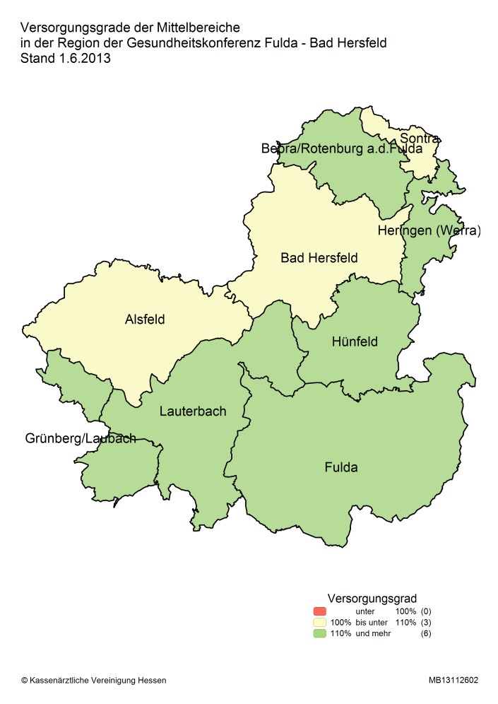 Die Region der Gesundheitskonferenz Fulda Bad Hersfeld unterteilt sich in neun Mittelbereiche und weist in keinen Regionen einen Versorgungsgrad unter 100% auf.