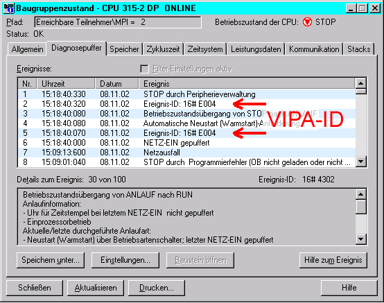 Handbuch VIPA HMI Teil 3 Einsatz CC 03 - Bedienteil VIPA-spezifische Diagnose-Einträge Einträge im Diagnosepuffer Sie haben die Möglichkeit im Siemens SIMATIC Manager den Diagnosepuffer der CC-CPU