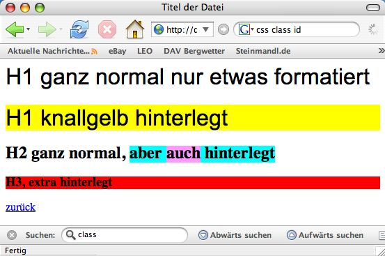 Klassen: Komplexeres Beispiel <html> <head> <title>titel der Datei</title> <style type="text/css"> h1 {font-family:arial,sans-serif; font-size:2em; font-weight:normal;} h1.