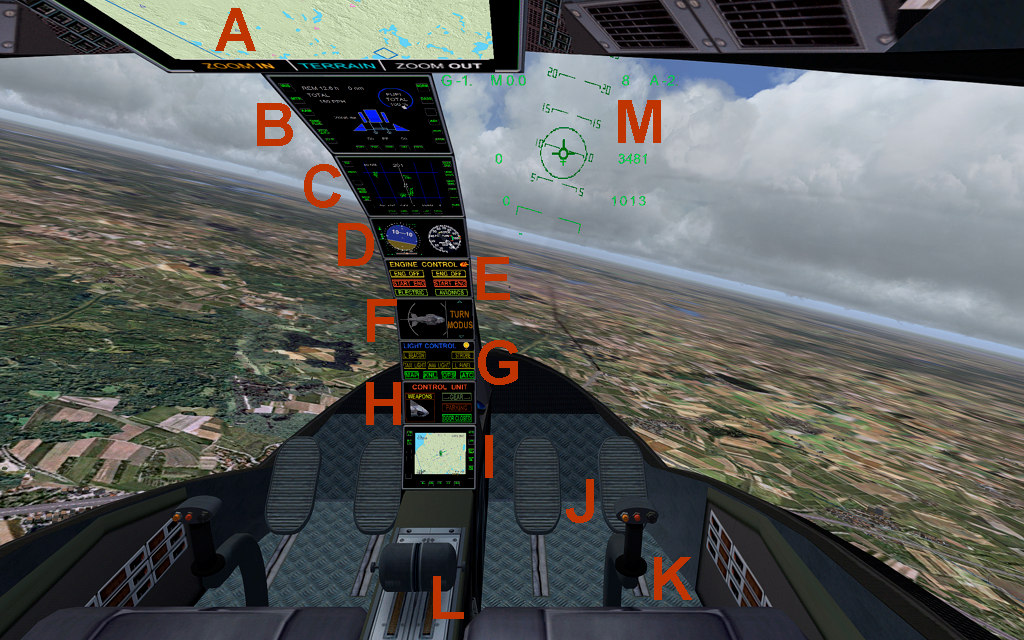 Cockpit A MAP mit Zoom und Gelände ein- und ausschalten B C I Multifunktionsdisplays ( bitte Schalter betätigen ) E Triebwerkskontrollschalter E Avionic / Batterie Hauptschalter G