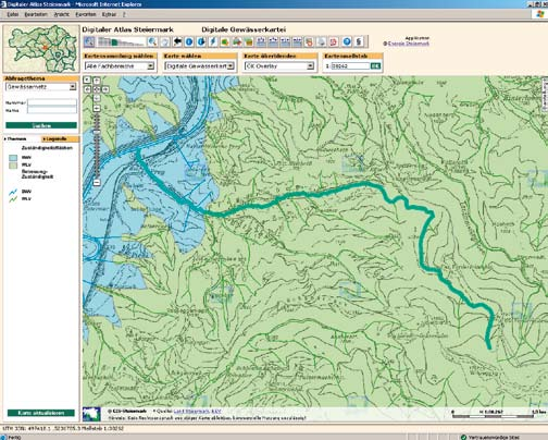 Abb. 3: Kartographische Darstellung der Digitalen Gewässerkartei im Digitalen Atlas Steiermark out gestaltet, und lässt keine Frage bezüglich Gewässersuche offen.