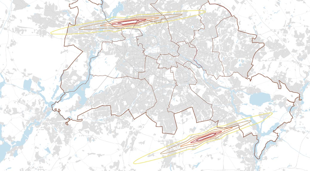 4 FBB Fluglärmbericht 03 Lärmkonturen Nacht In Karte sind die Zonen der nächtlichen Dauerschallpegel L N dargestellt.