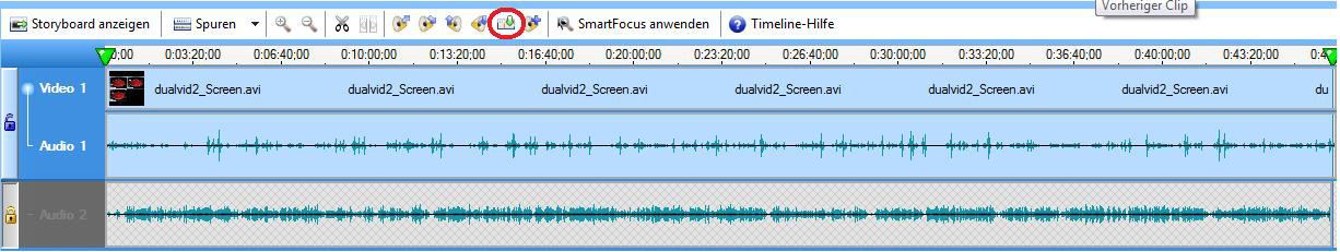 4 Als nächstes muss mittels der Pause in beiden Audiospuren zu Beginn der Aufnahme die Synchronisation vorgenommen werden.