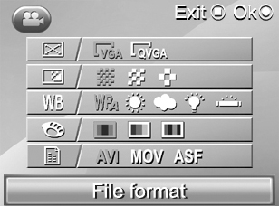 3.2.6 Dateiformat DEUTSCH 1. Drücke Sie im Fotomodus die Richtugstaste (Mitte ) zur Eistellug des Dateiformats. 2. Wähle Sie mit der Richtugstaste (ach obe oder ute ) die füfte Zeile im Meü. 3. 4.