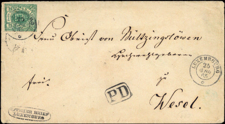 STAATSWAPPEN UNGEZÄHNT ARMOIRIES NON DENTELEES 51 119 OFFICIER BRIEF LUXEMBURG - 1865, Ovalstempel in schwarz auf Briefkuvert von Luxemburg nach WESEL in den 3.