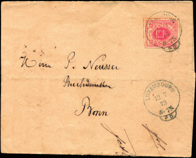 STAATSWAPPEN DURCHSTOCHEN ARMOIRIES PERCEES EN LIGNES 67 162 1870, 12 ½ C. Wappen rosa, Prachteinzelfrankatur von Luxemburg nach ST.