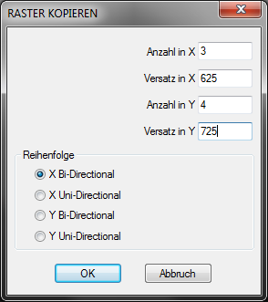 Anordnen der NC-Pfade um 12 Türplatten zu fertigen In der dritten Dialogbox werden Versatzentfernungen in mm eingegeben. Um fortzufahren, deaktivieren Sie alle aktiven Buttons im Simulationsfenster.