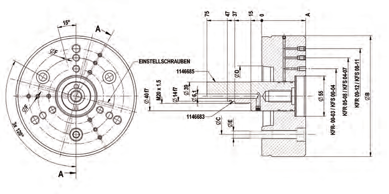 Hülsenspanndorn Zubehör KFS/MFS Typ 255-95 Zwischenflansch ISO-702-1 (DIN 55026/55021) ohne Einstellschraube Nr. 5 (A 05) Nr. 6 (A 06) Nr.