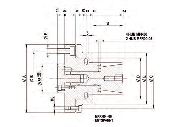Hülsenspanndorn MFR Typ 255-02 MFR Hülsenspanndorn; manuell betätigt mit Flanschaufnahme; für Innenspannung bestehend aus Grundkörper, Spannkegel, Zwischenstück MFR 00 MFR 01 MFR 02 MFR 03 MFR 04 MFR
