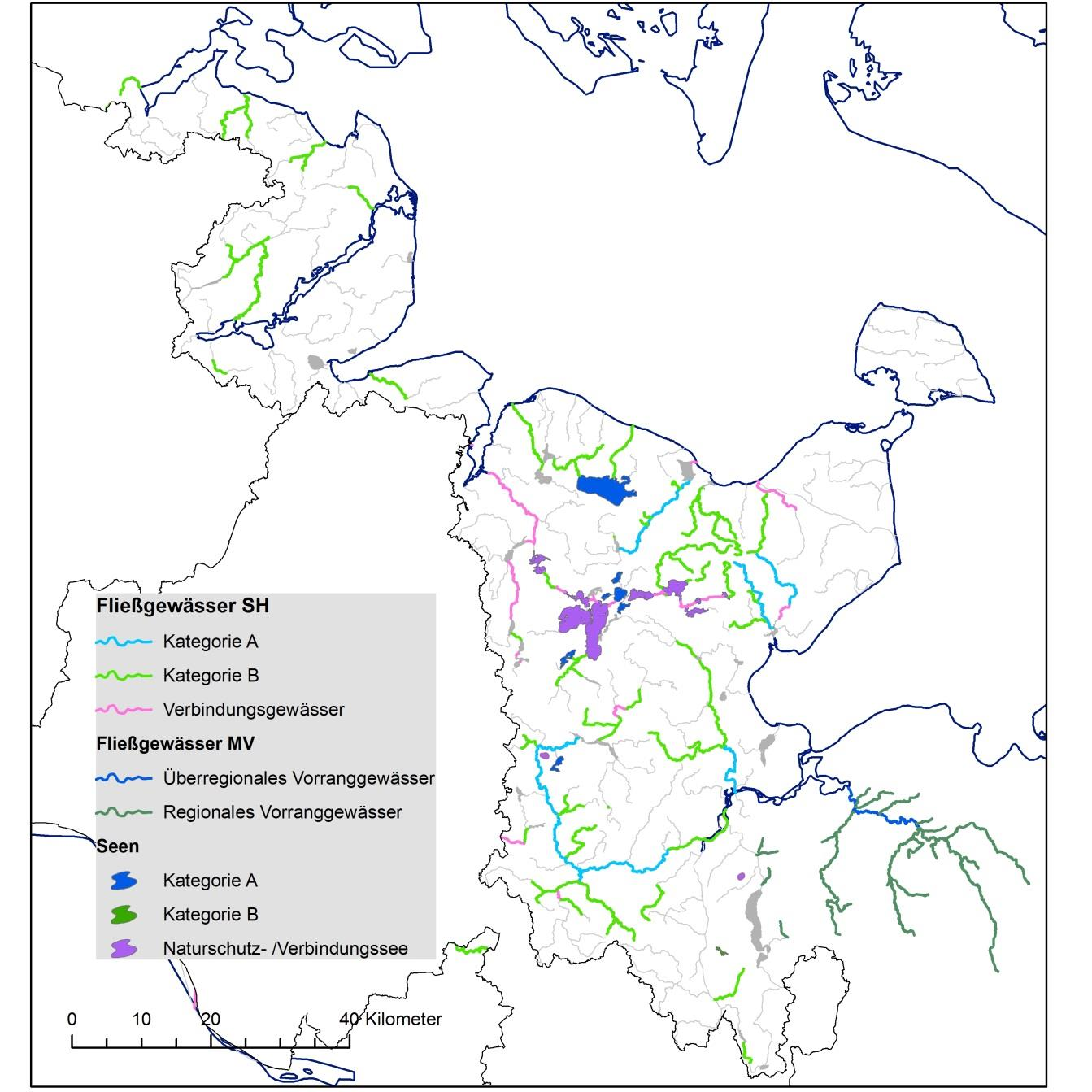 Abb. 39: Vorranggewässer der FGE Schlei/Trave Wanderfischgewässer Für die Flussgebietseinheit Schlei/Trave ist es wegen der großen Küstenlänge von besonderer überregionaler Bedeutung, dass die