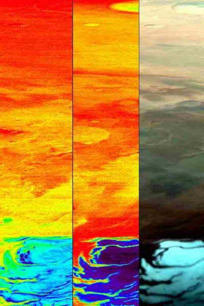 Bilder aufgenommen vom MARS-EXPRESS: Links: Der Nachweis von Wasservorkommen am Mars-Südpol. Mitte: CO2-Konzentration in der Luft. Rechts: Normalansicht des Mars-Südpols.