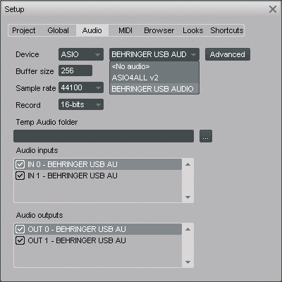 Abb. 2.4: Audio Setup-Einstellungen 4) Klicken Sie auf den ASIO Config-Knopf, um den Dialog zur Treibereinstellung zu starten.